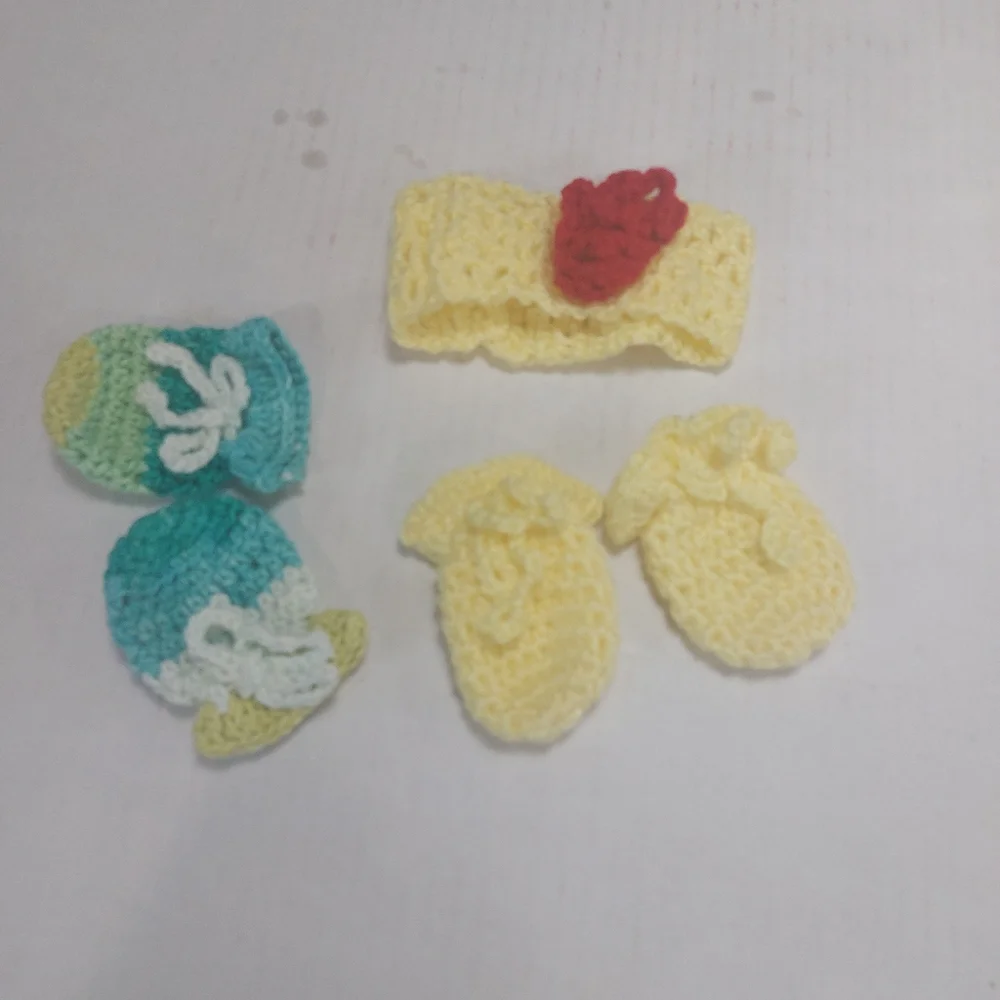 Baby Girl Mitten and Headband. Yellow Red and Blue